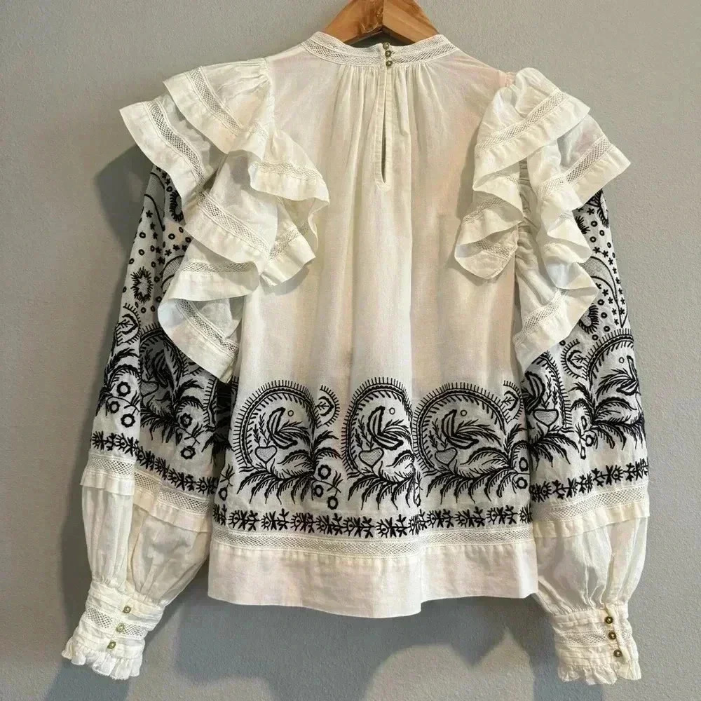 Ulla Johnson Annetta Cotton Ruffle Blouse Long Sleeve Embroidered Boho Peasant 2 - Picture 3 of 13